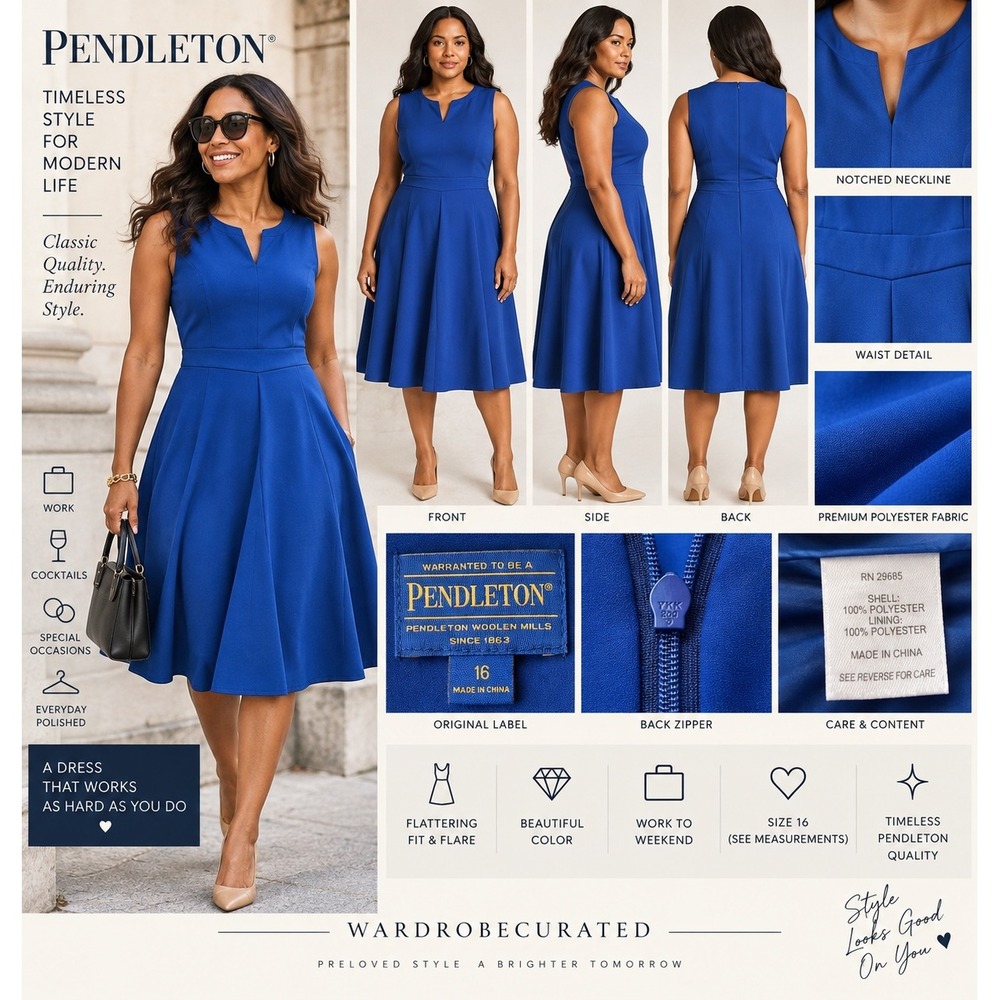Pendleton Womens 16 Blue Fit Flare Dress Sleeveless Notched Neckline Midi Career